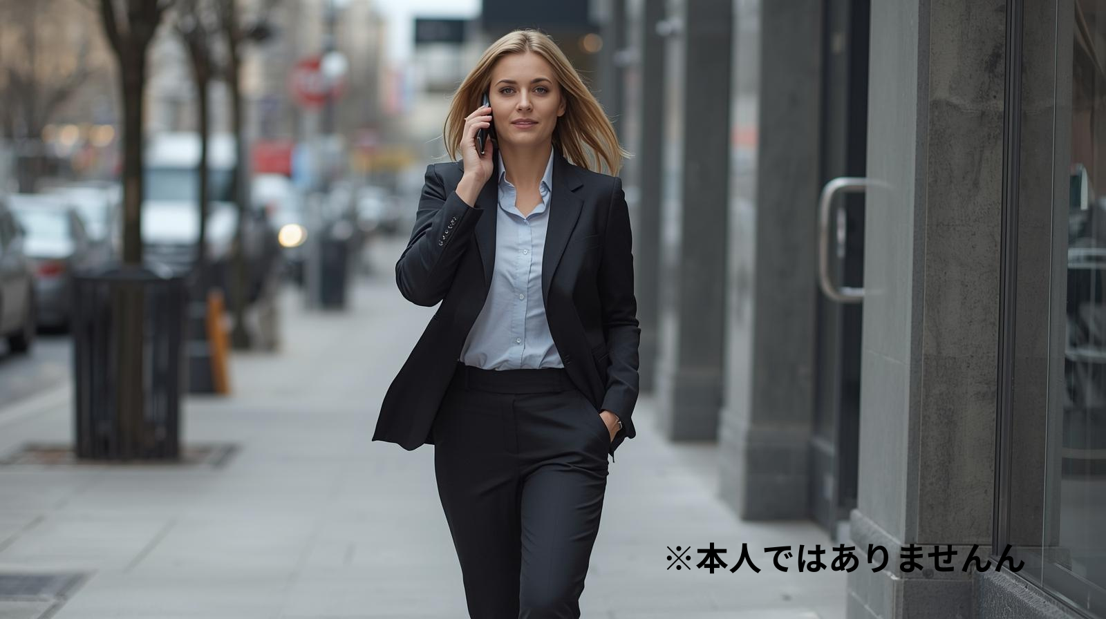 電話をしながら歩くビジネスウーマン。篠原さんのドラマでは、電話の手は固定しつつ、 反対側の肩を固めすぎない“抜け感”がポイントです。