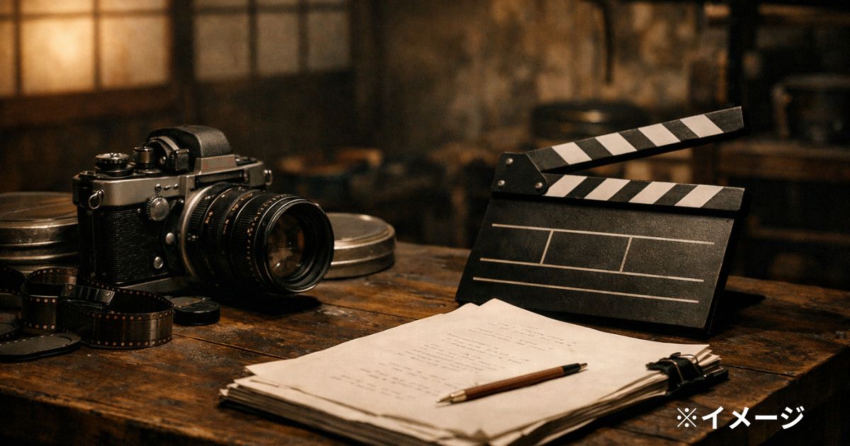 撮影前のカメラと台本