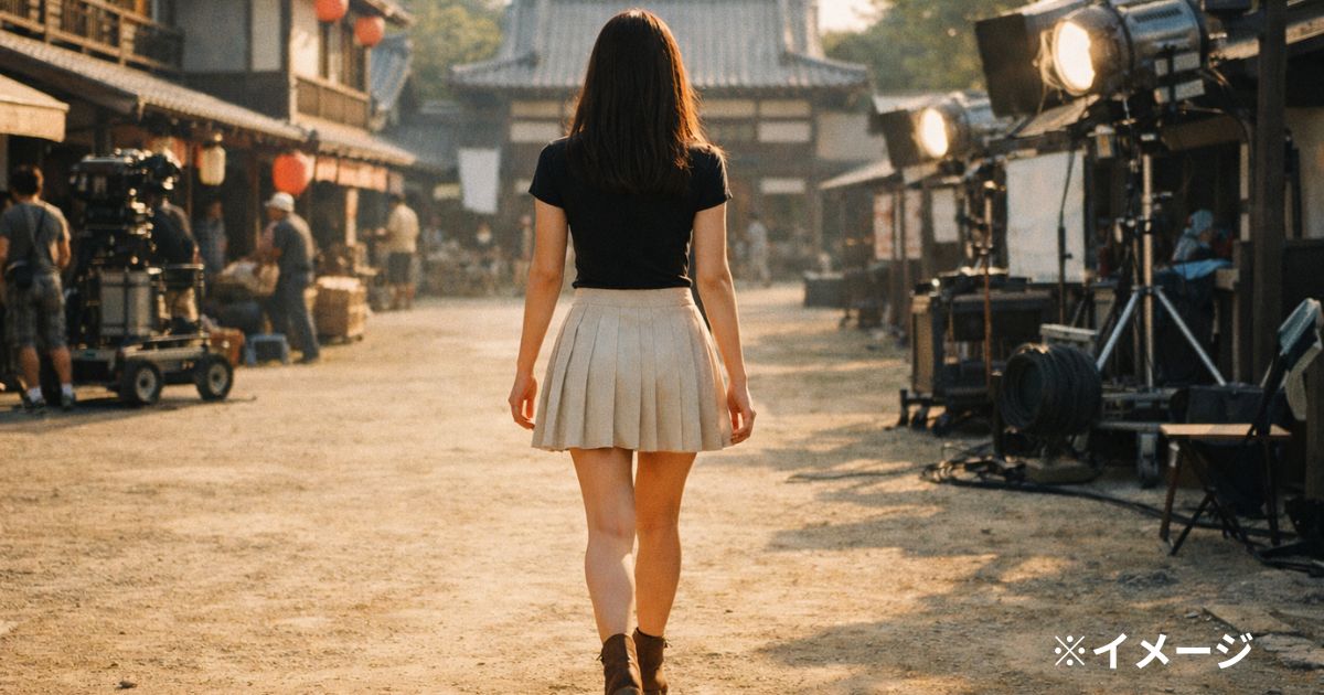 映画セットを歩く女性