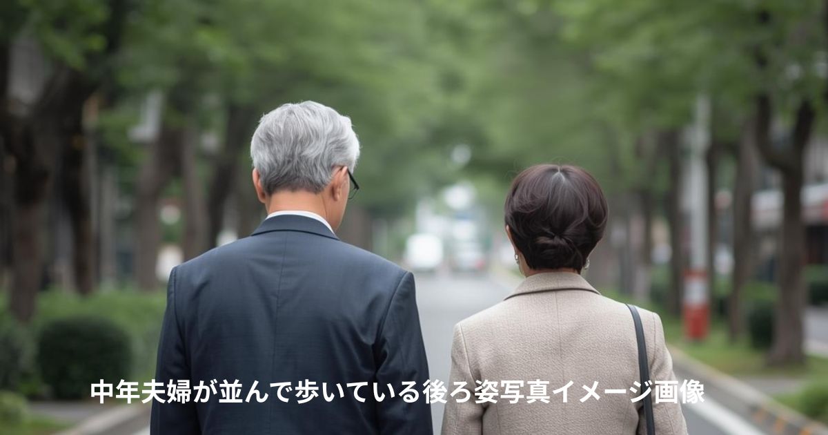 50代くらいの日本人男女の後ろ姿。街路樹のある道を並んで歩いている。