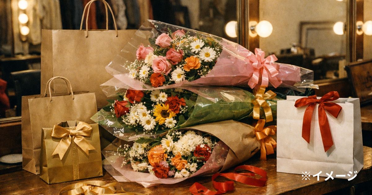 楽屋のテーブルに重ねられた花束と紙袋