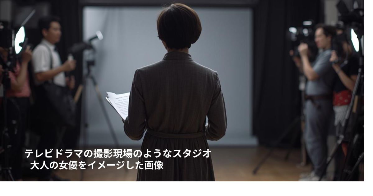 テレビドラマの撮影現場のようなスタジオ。落ち着いた大人の女優をイメージした画像