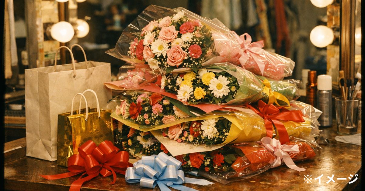 楽屋の花束と紙袋