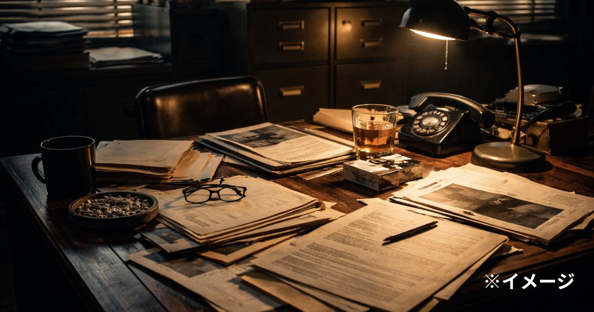 1970年代後半の社会派映画を連想させる室内、机の上の書類