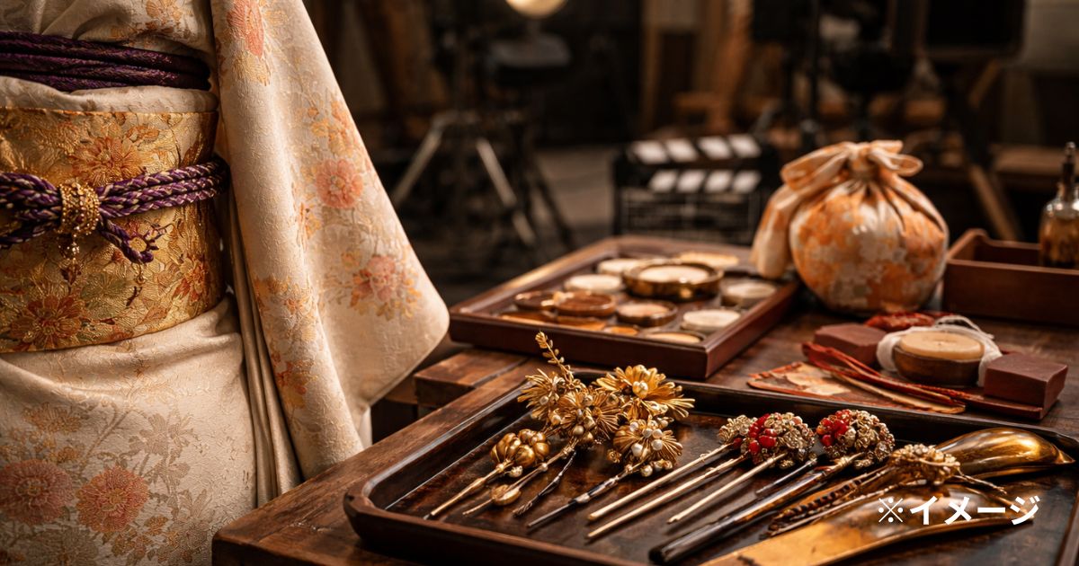 1970年代後半の時代劇撮影現場、着物の袖、かんざし、帯、小道具