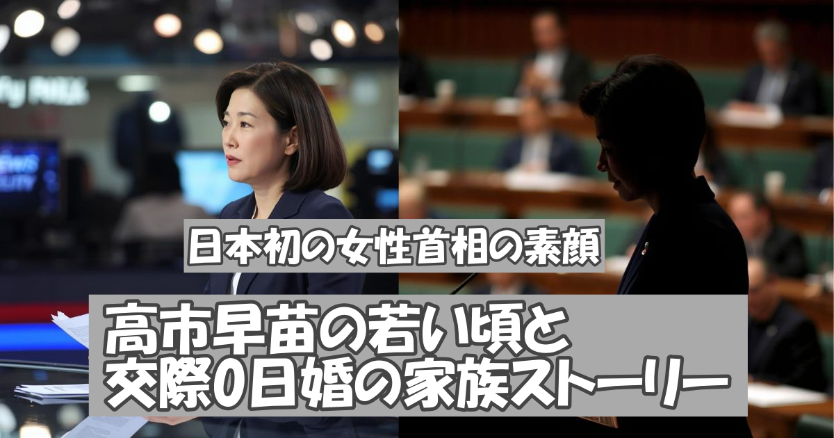 高市早苗の若い頃のキャスター時代と、現在の日本初の女性首相としての姿をイメージしたアイキャッチ画像