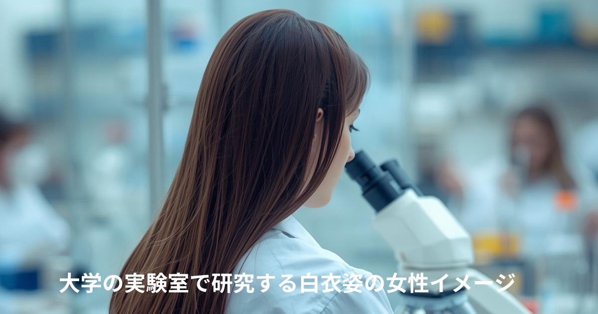 大学の実験室で、白衣を着た20代女性が顕微鏡の前に立っている女性