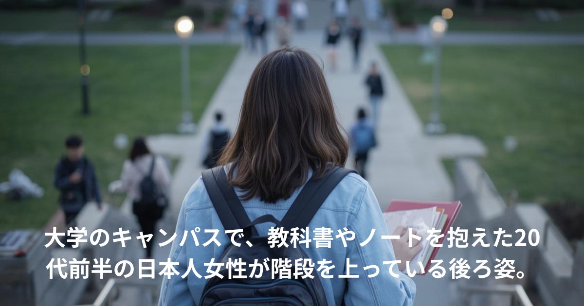 大学のキャンパスで、教科書やノートを抱えた20代前半の日本人女性が階段を上っている後ろ姿。