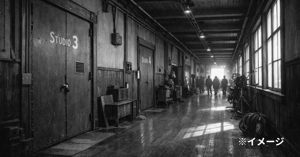 撮影所の廊下（人はシルエットだけ）