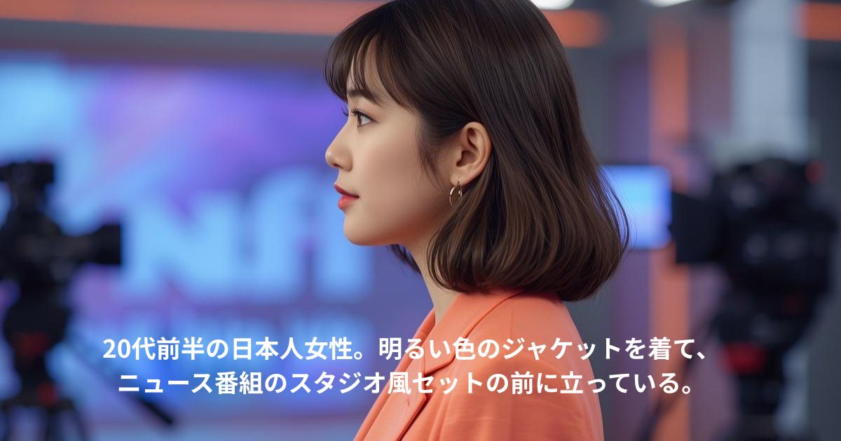 20代前半の日本人女性。明るい色のジャケットを着て、ニュース番組のスタジオ風セットの前に立っている。