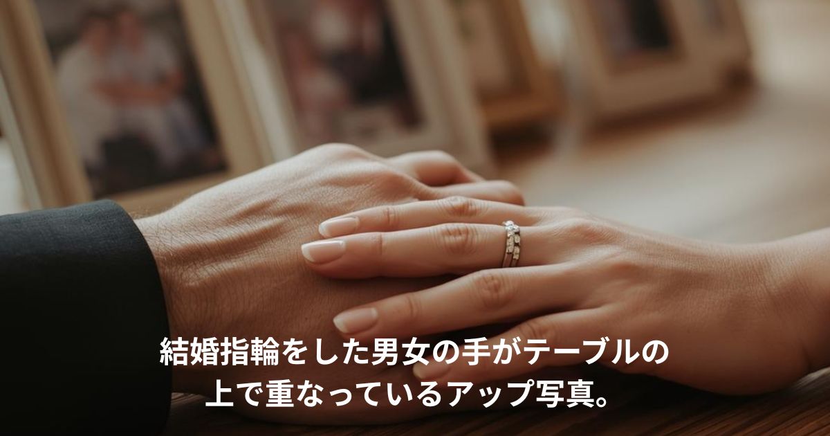 結婚指輪をした男女の手がターブルの上で重なっている交際0写真