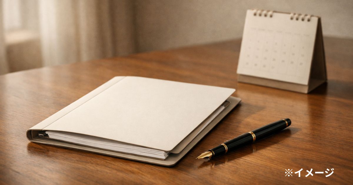 長期契約と信用を象徴する、契約フォルダと万年筆とカレンダーの静かなデスク風景（文字の読めない小物）
