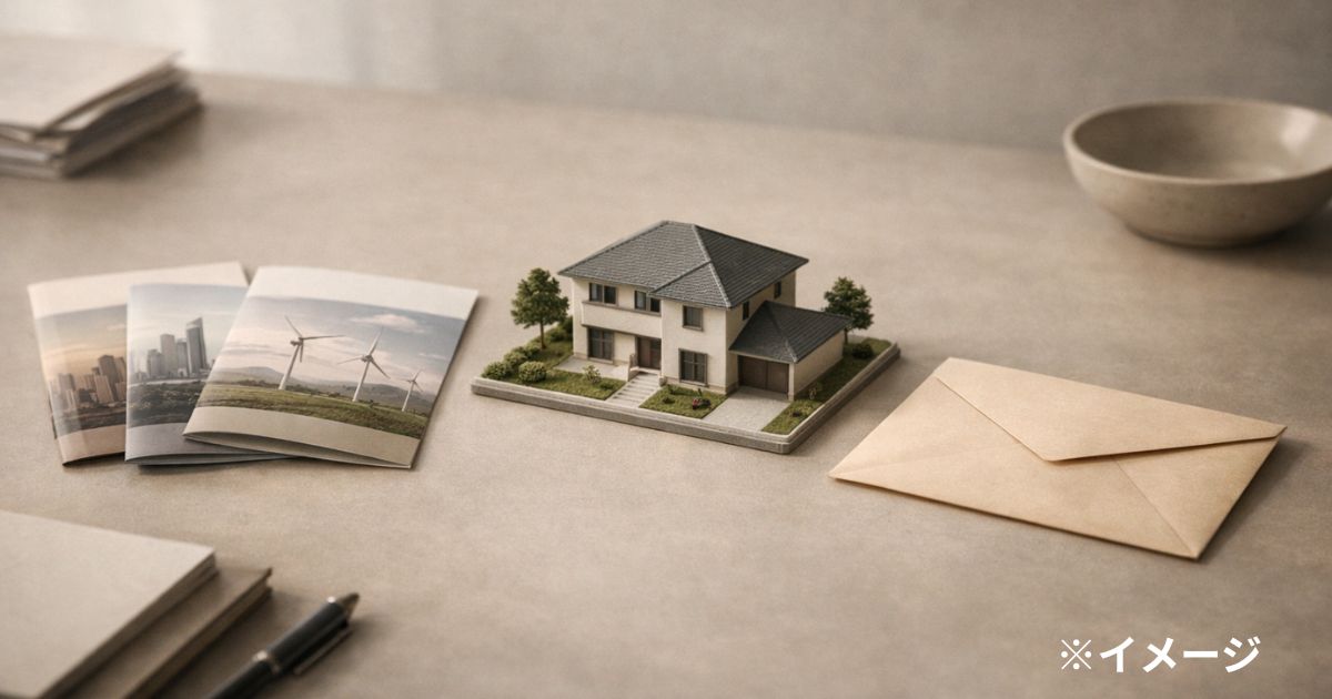 資産アロケーションを象徴するETF資料と不動産模型（人物なし）