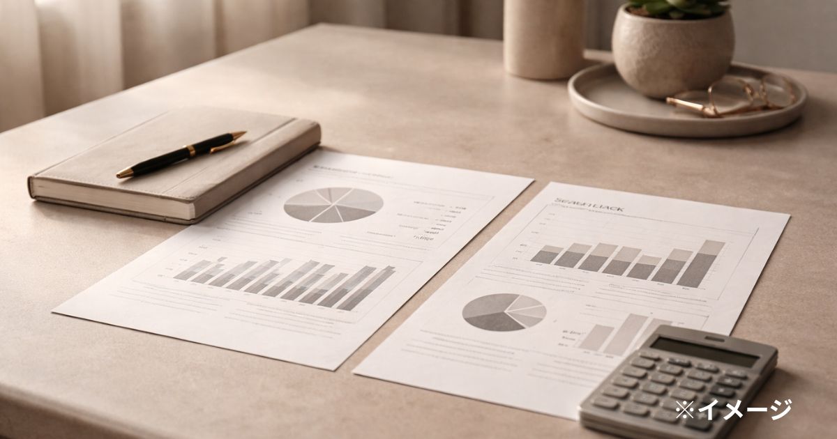 純資産を積み上げる資産管理デスクのイメージ（ETF資料とノート）