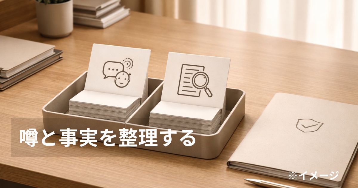 書類とフォルダを並べたデスクのイメージ（噂と事実を分けて整理する）