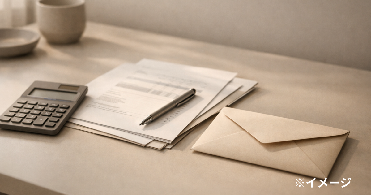 税金と手取りをイメージした封筒と電卓（人物なし）
