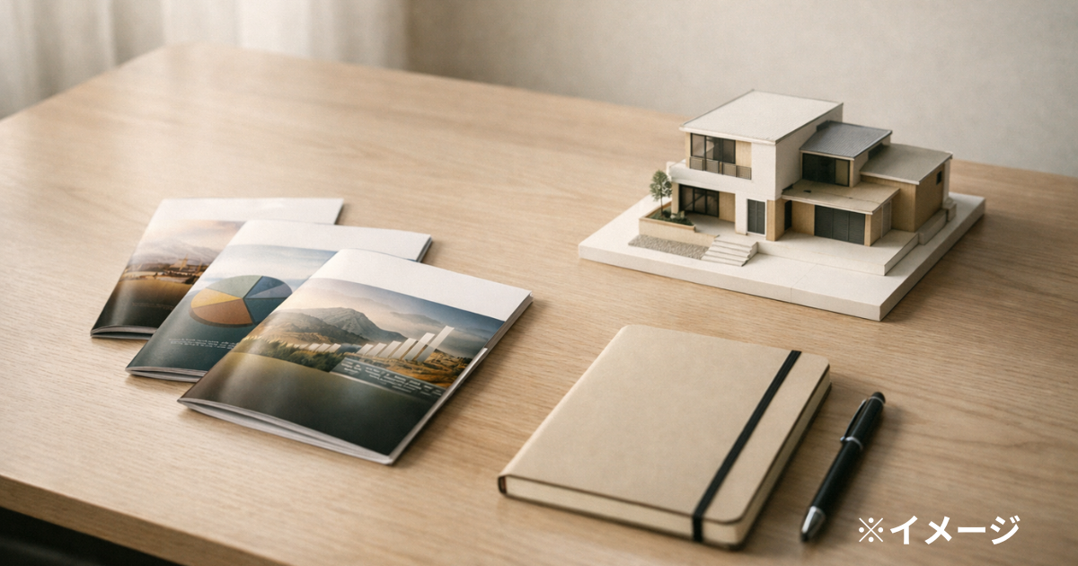 ETF資料と不動産模型で資産分散を表現した写真（人物なし）