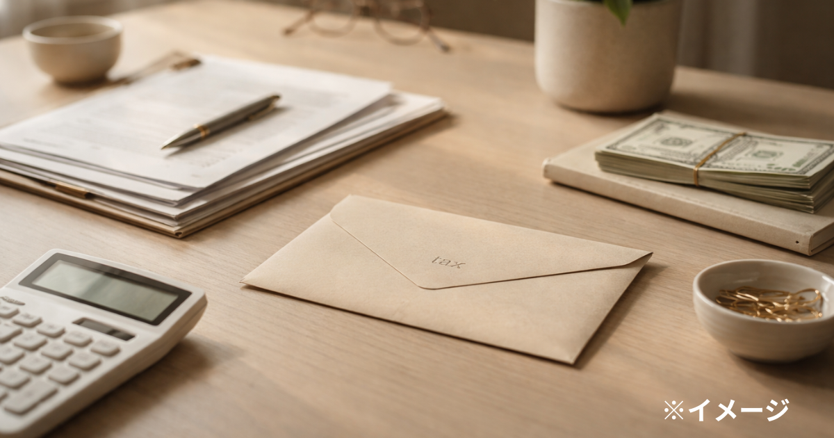 税金と手取りをイメージした電卓と書類の写真（人物なし）