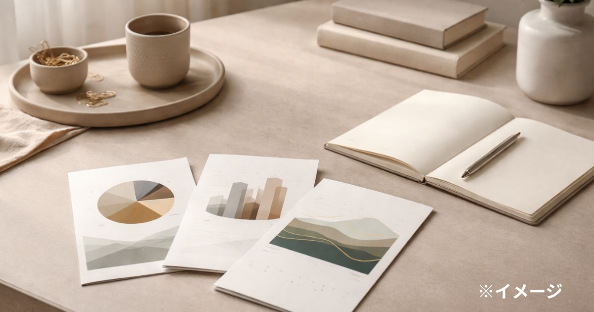 収益源の分解とキャッシュフロー管理をイメージした、書類・ノート・小型電卓のミニマルなデスク