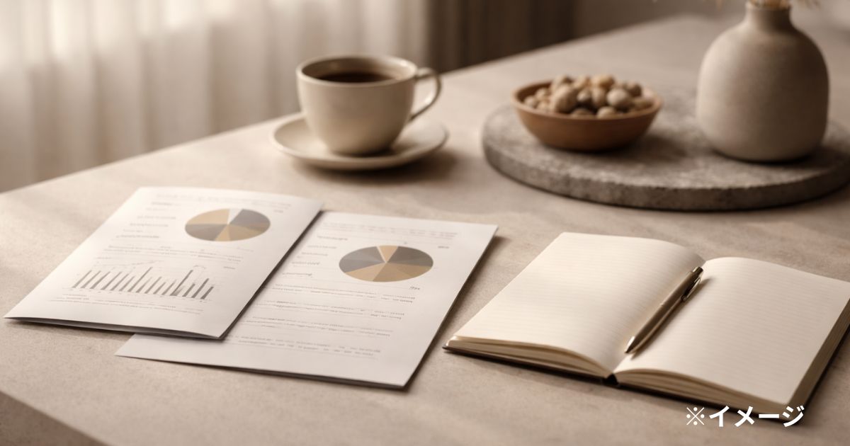 純資産を積み上げる資産管理デスクのイメージ（ETF資料とノート）