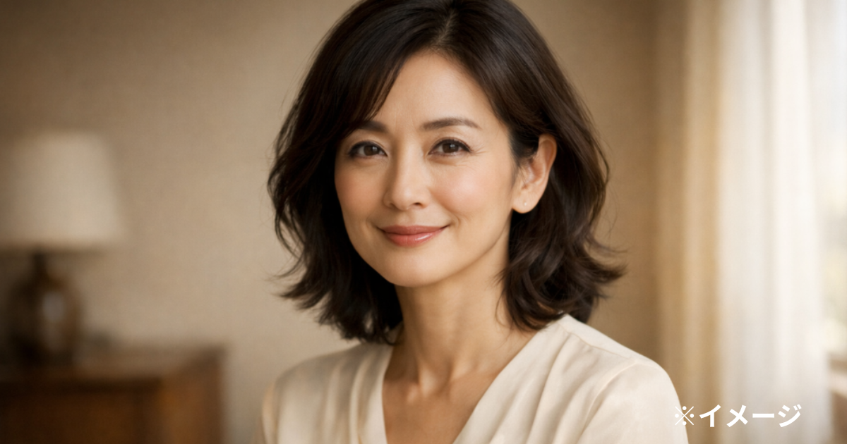 飯島直子の近年をイメージした落ち着いた大人の魅力を感じる女性ビジュアル
