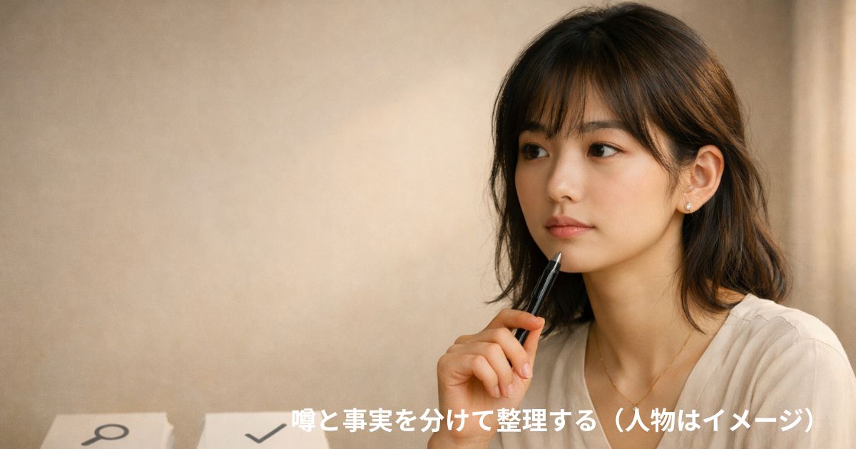 噂と事実を分けて整理する（人物はイメージ）
